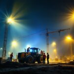 A photograph of a construction site at dusk