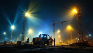 A photograph of a construction site at dusk