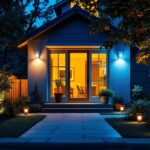 A photograph of a well-lit outdoor space showcasing various types of security lights installed around a home