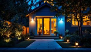 A photograph of a well-lit outdoor space showcasing various types of security lights installed around a home