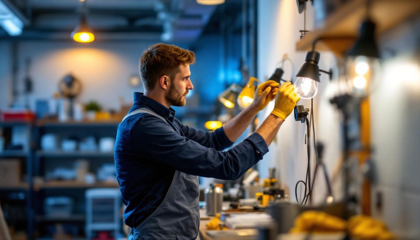 A photograph of a well-lit workspace featuring wall-mounted shop lights in action