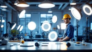 A photograph of capture a photograph of a well-lit workspace featuring a variety of led wafer lights in use