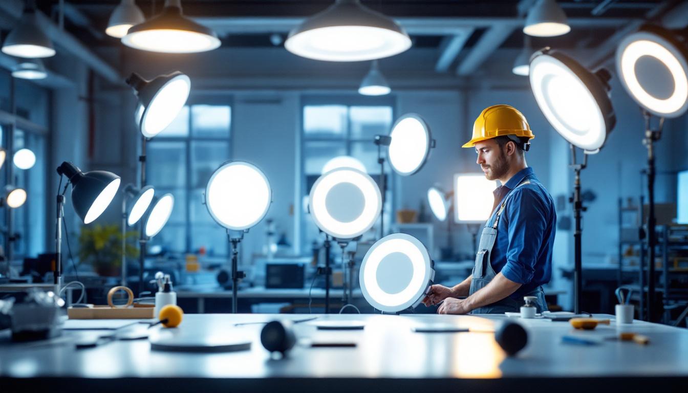 A photograph of capture a photograph of a well-lit workspace featuring a variety of led wafer lights in use