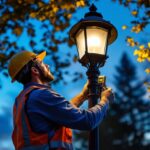 A photograph of a lighting contractor installing a light sensor on a lamp post at dusk