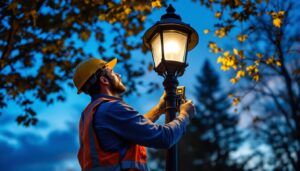 A photograph of a lighting contractor installing a light sensor on a lamp post at dusk