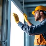 A photograph of a lighting contractor installing a 2x4 panel light in a commercial setting