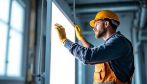 A photograph of a lighting contractor installing a 2x4 panel light in a commercial setting