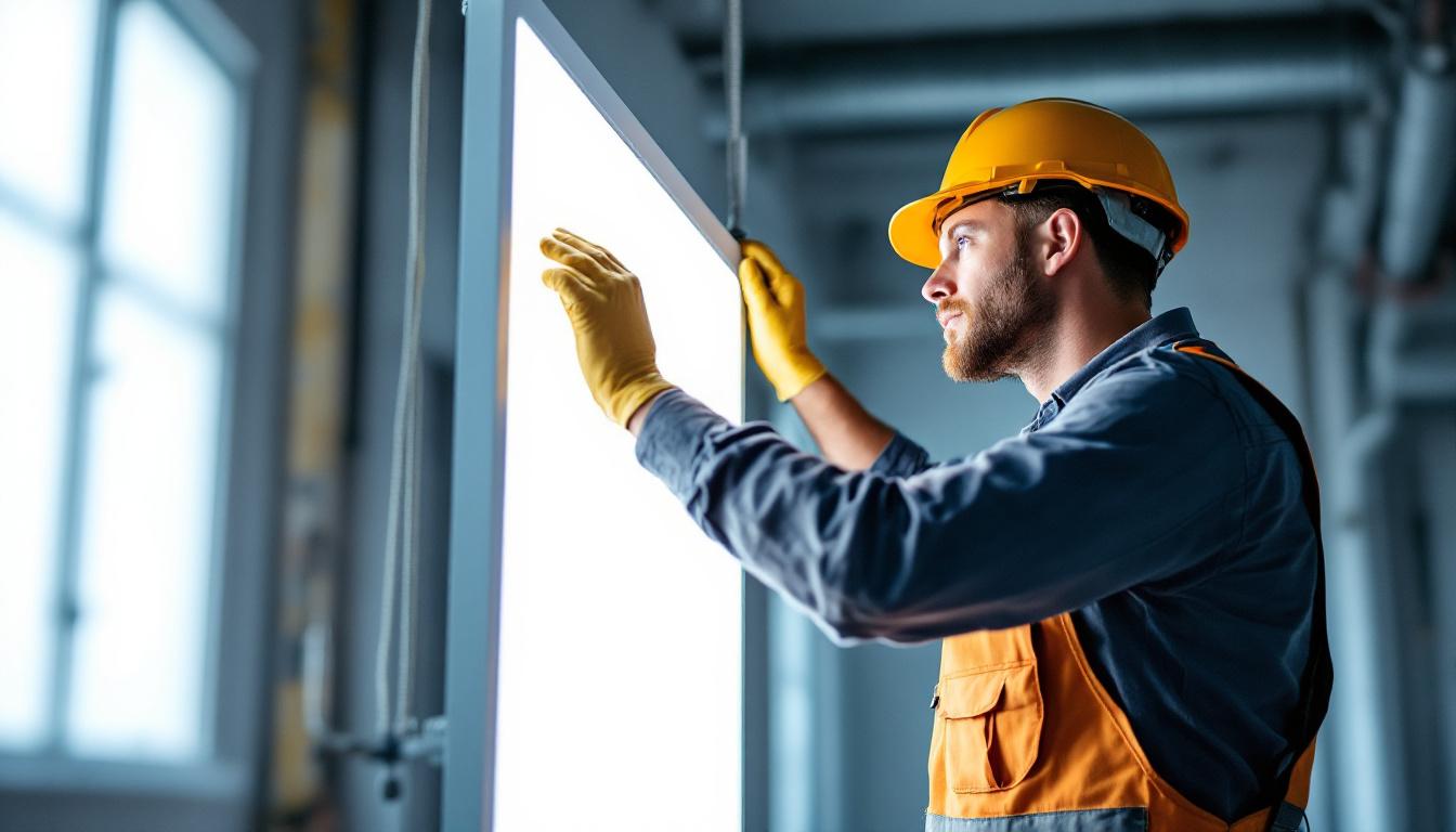 A photograph of a lighting contractor installing a 2x4 panel light in a commercial setting