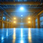 A photograph of a well-lit industrial or commercial space showcasing led low bay light fixtures in use