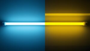 A photograph of a side-by-side comparison of t12 and t8 fluorescent light tubes