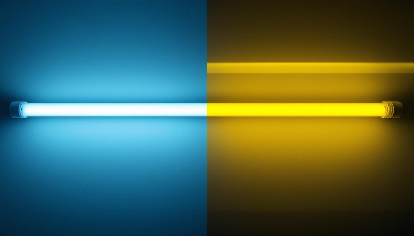 A photograph of a side-by-side comparison of t12 and t8 fluorescent light tubes