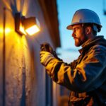 A photograph of a skilled lighting contractor installing outdoor wall pack lights on a building exterior during dusk