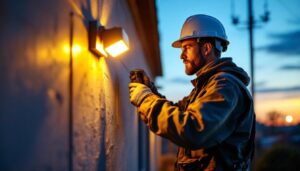 A photograph of a skilled lighting contractor installing outdoor wall pack lights on a building exterior during dusk