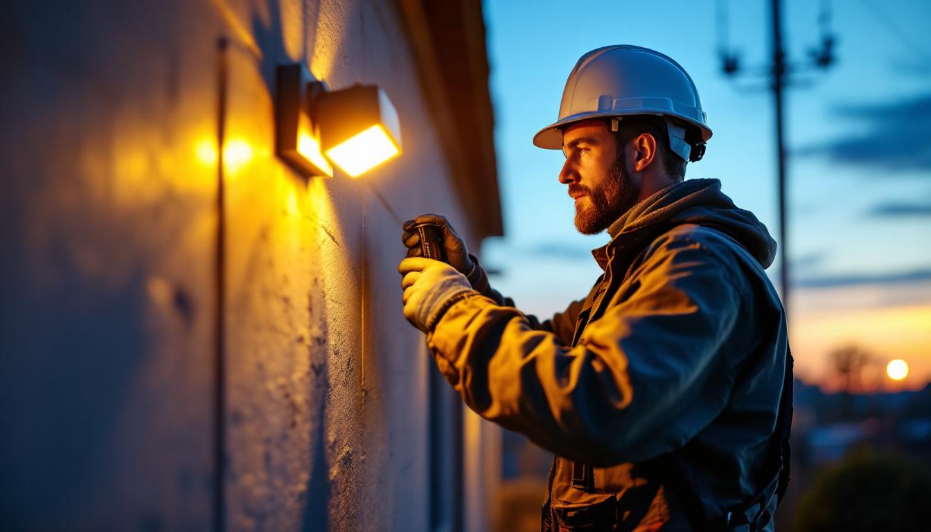 A photograph of a skilled lighting contractor installing outdoor wall pack lights on a building exterior during dusk