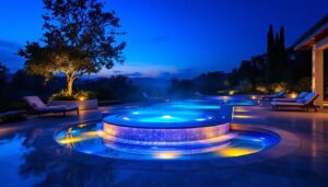 A photograph of a beautifully illuminated pool spa at dusk