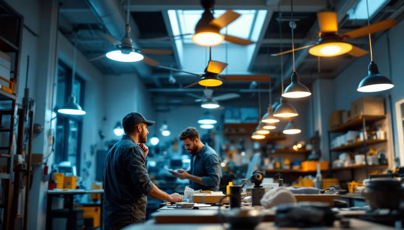 A photograph of a well-lit workshop environment featuring a variety of ceiling fans in action