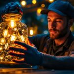 A photograph of a skilled lighting contractor expertly installing or adjusting various stylish light fixtures inside a beautifully designed jar