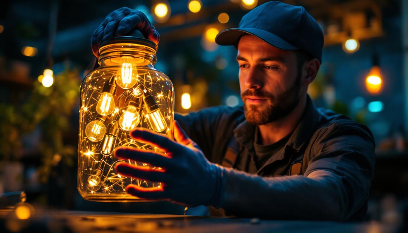 A photograph of a skilled lighting contractor expertly installing or adjusting various stylish light fixtures inside a beautifully designed jar