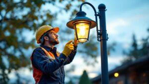 A photograph of a lighting contractor inspecting a well-designed light post in an outdoor setting