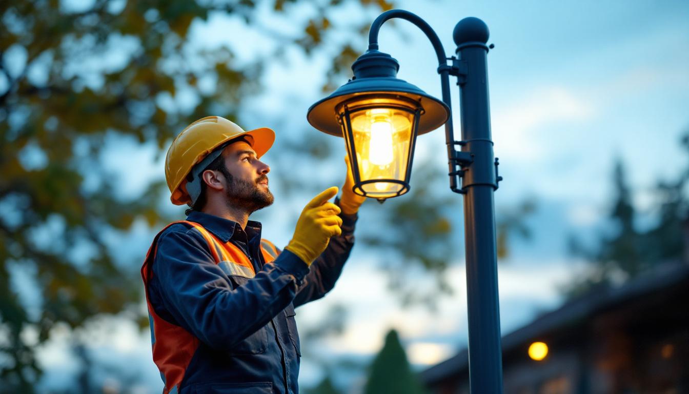 A photograph of a lighting contractor inspecting a well-designed light post in an outdoor setting