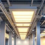 A photograph of a well-lit commercial space featuring various types of troffer lighting installations