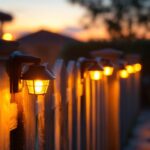 A photograph of a lighting contractor installing solar lights on a fence post at dusk