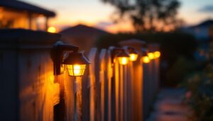 A photograph of a lighting contractor installing solar lights on a fence post at dusk