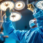 A photograph of a lighting contractor in action