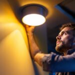 A photograph of a professional lighting contractor installing a sleek