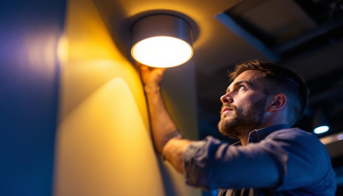 A photograph of a professional lighting contractor installing a sleek