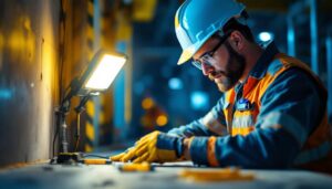 A photograph of a lighting contractor working on a job site