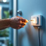 A photograph of a lighting contractor installing a motion sensor and timer switch in a residential setting