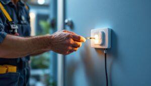 A photograph of a lighting contractor installing a motion sensor and timer switch in a residential setting