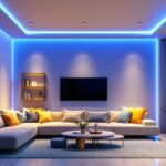 A photograph of a modern living space illuminated by sleek led ceiling light strips