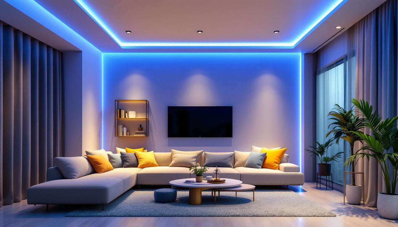 A photograph of a modern living space illuminated by sleek led ceiling light strips