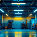 A photograph of a well-lit garage showcasing vibrant fluorescent lighting fixtures