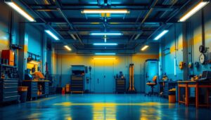 A photograph of a well-lit garage showcasing vibrant fluorescent lighting fixtures