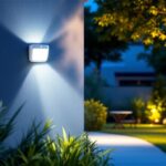 A photograph of a well-lit outdoor space featuring a motion sensor light in action