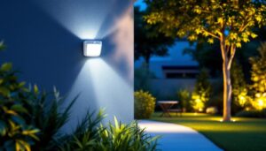 A photograph of a well-lit outdoor space featuring a motion sensor light in action