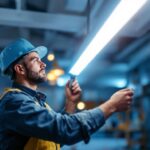 A photograph of a lighting contractor installing or showcasing a 4-foot led tube light in a commercial or residential setting