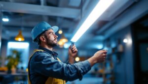 A photograph of a lighting contractor installing or showcasing a 4-foot led tube light in a commercial or residential setting