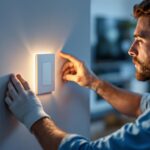 A photograph of a lighting contractor installing a sleek single pull light switch in a modern home setting
