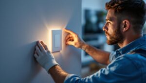 A photograph of a lighting contractor installing a sleek single pull light switch in a modern home setting