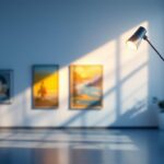 A photograph of a beautifully designed gallery light fixture in a well-lit art gallery setting