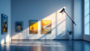 A photograph of a beautifully designed gallery light fixture in a well-lit art gallery setting