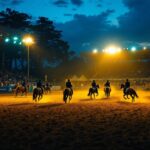 A photograph of a well-lit equine arena during an evening event
