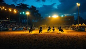 A photograph of a well-lit equine arena during an evening event
