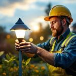 A photograph of a lighting contractor installing a smart solar lamp in an outdoor setting