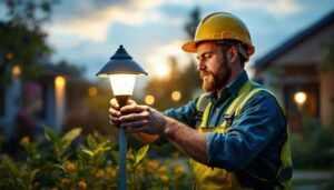 A photograph of a lighting contractor installing a smart solar lamp in an outdoor setting