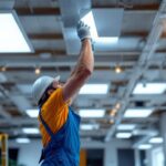 A photograph of a lighting contractor installing flat panel led lights in a modern commercial space